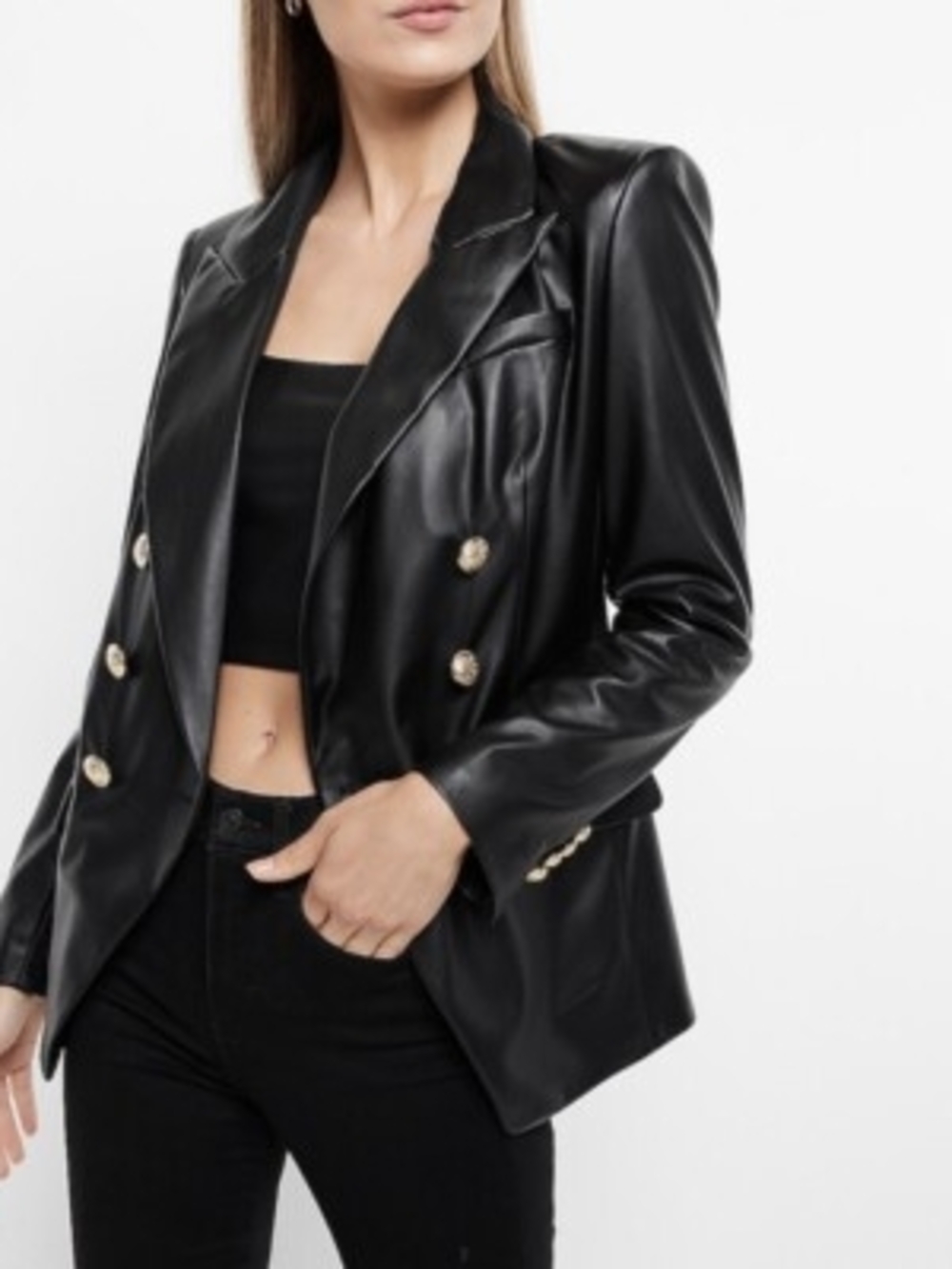 NWT Black Faux Leather Double-Breasted Blazer Jacket-Size-L